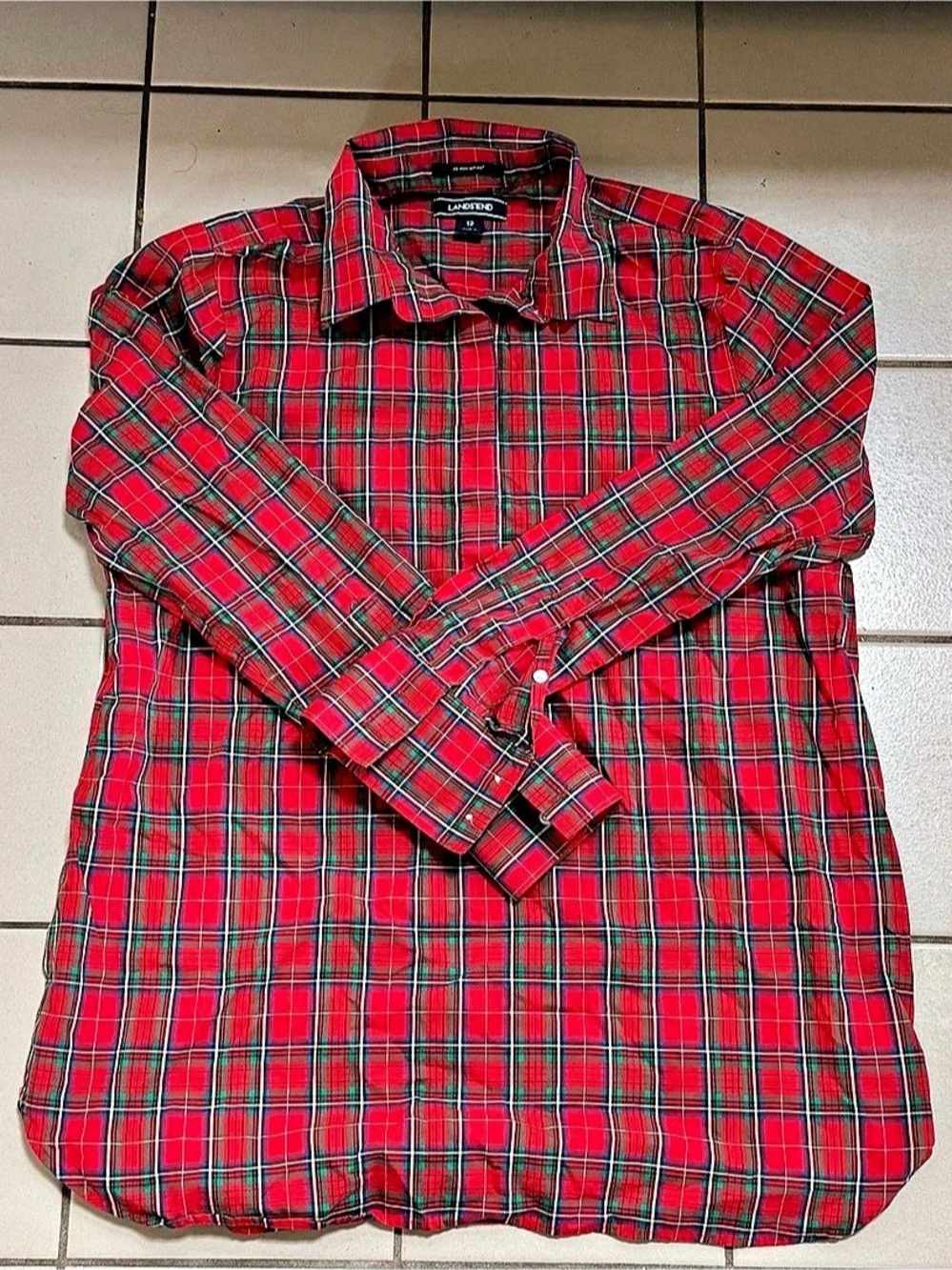 Lands' End Red Tartan Plaid Button Down Shirt Size 12 EUC